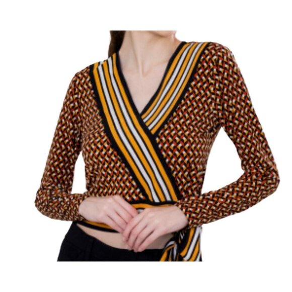 Michael Kors Geometric Wrap Cropped Blouse in Black, Gold, And Cream Stripes L - Picture 1 of 5